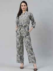 DesiQlo Women Off-White & Grey Striped Mandarin Collar Basic Jumpsuit ( JUP 8009 Grey )