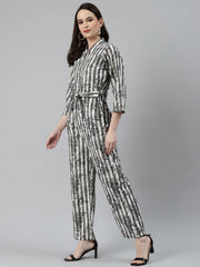 DesiQlo Women Off-White & Grey Striped Mandarin Collar Basic Jumpsuit ( JUP 8009 Grey )
