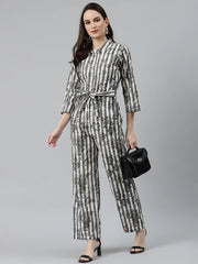 DesiQlo Women Off-White & Grey Striped Mandarin Collar Basic Jumpsuit ( JUP 8009 Grey )