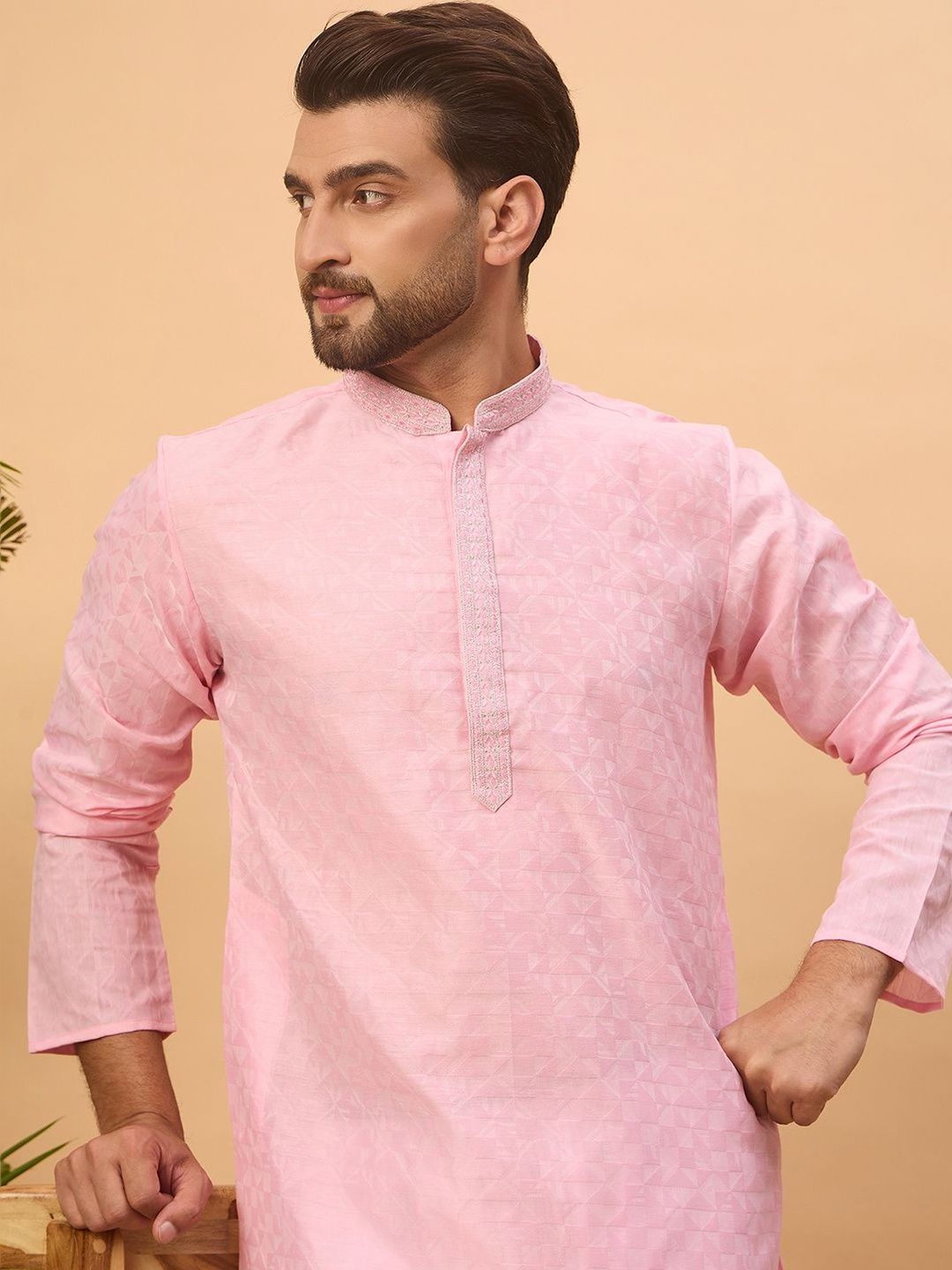 Ethnic Bay Men Pink Silk Blend Solid Embroidered Straight Kurta With Pant Set-MKSET1454