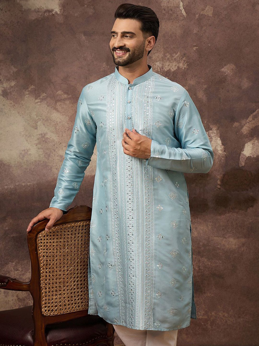 Ethnic Bay Men Blue Silk Blend Solid Embroidered Straight Kurta With Pant Set-MKSET1365