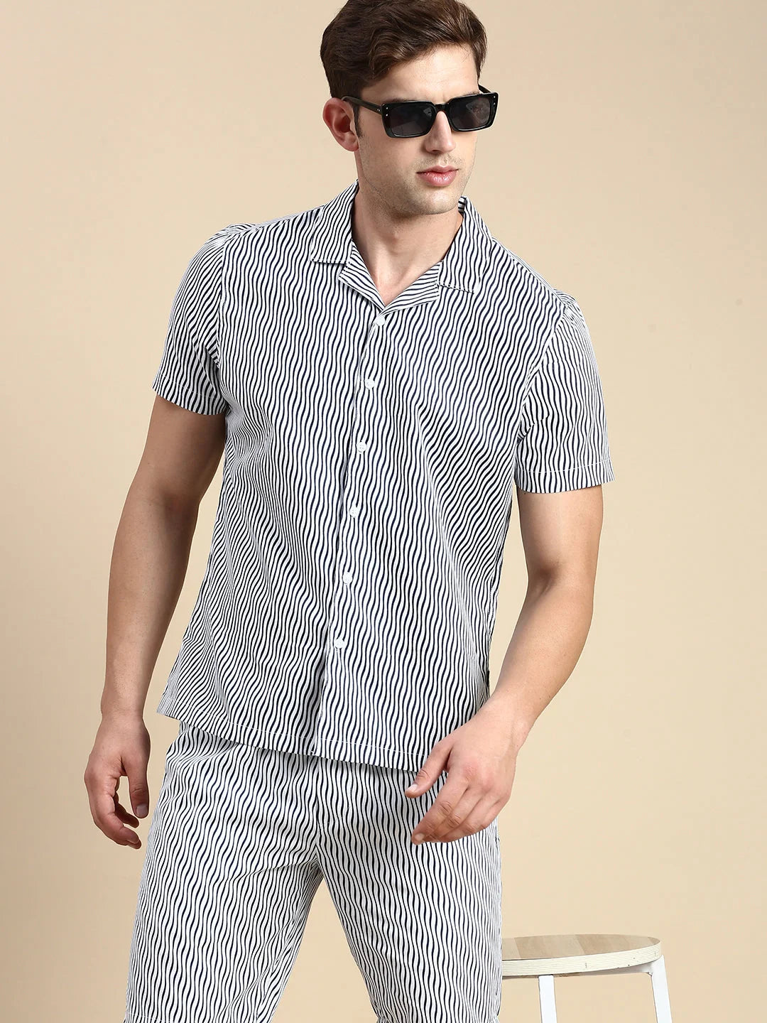 Striped Off White Co Ord Sets Men - Cuban Collar