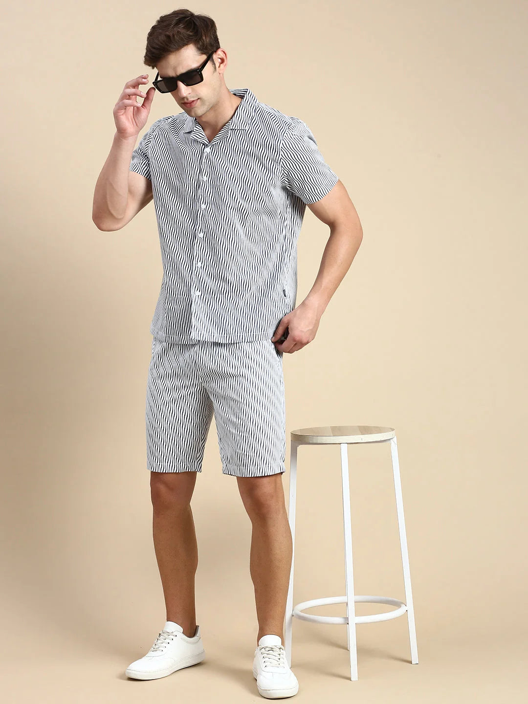 Striped Off White Co Ord Sets Men - Cuban Collar