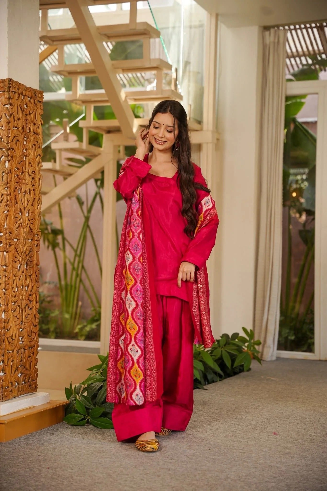 Crepe Kurta Set for Women - Fuchsia | MLWSHKS8898FUC | DesiQlo