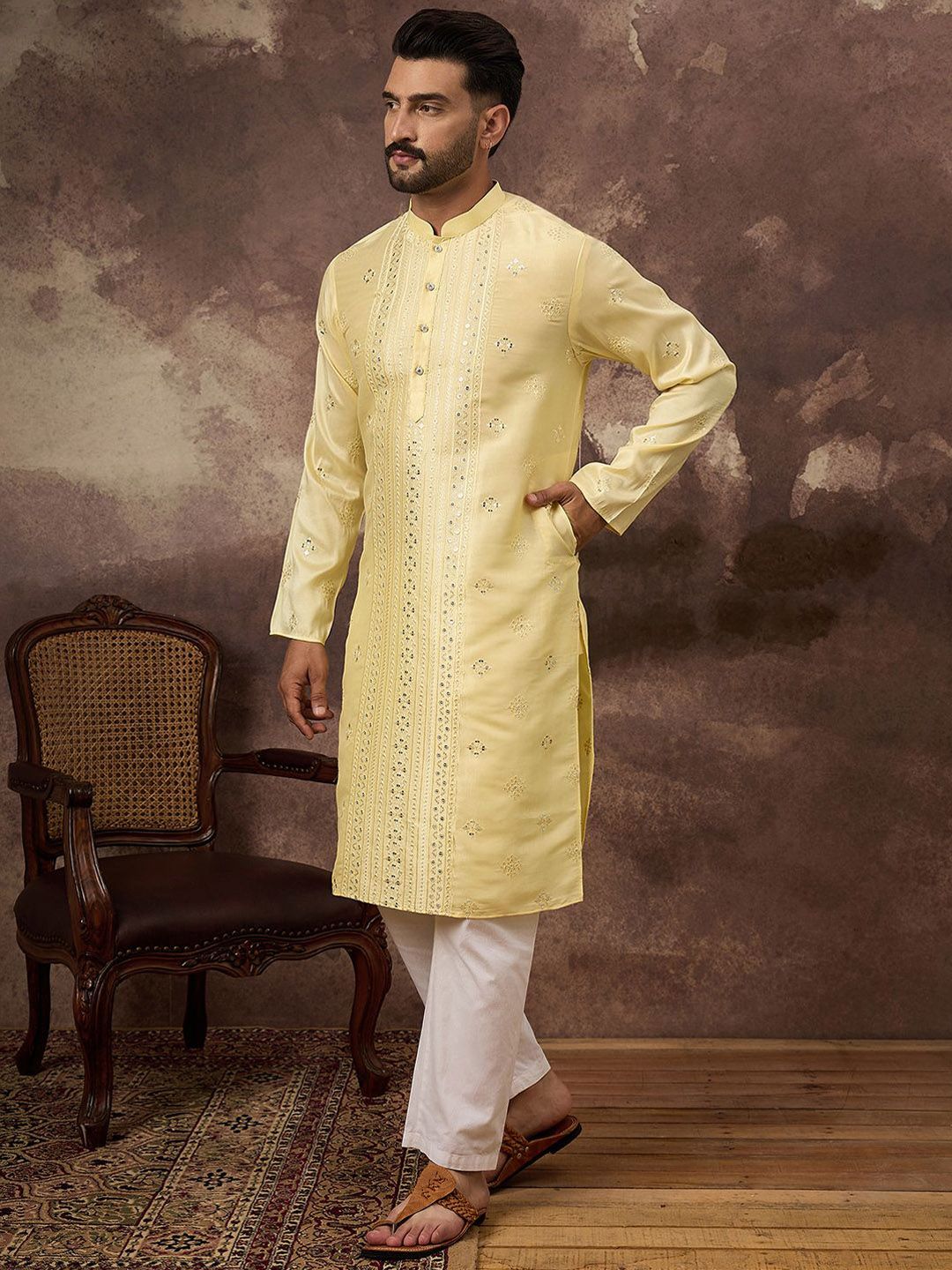 Ethnic Bay Men Yellow Silk Blend Solid Embroidered Straight Kurta With Pant Set-MKSET1364