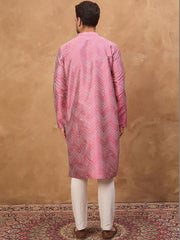 Ethnic Bay Men Pink Silk Blend Geometric Printed Straight Kurta With Pant Set-MKSET1532