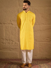 Ethnic Bay Men Yellow Viscose Rayon Solid Embroidered Straight Kurta With Pant Set-MKSET1212
