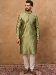 Ethnic Bay Men Green Silk Blend Solid Woven Design Straight Kurta With Pant Set-MKSET1456