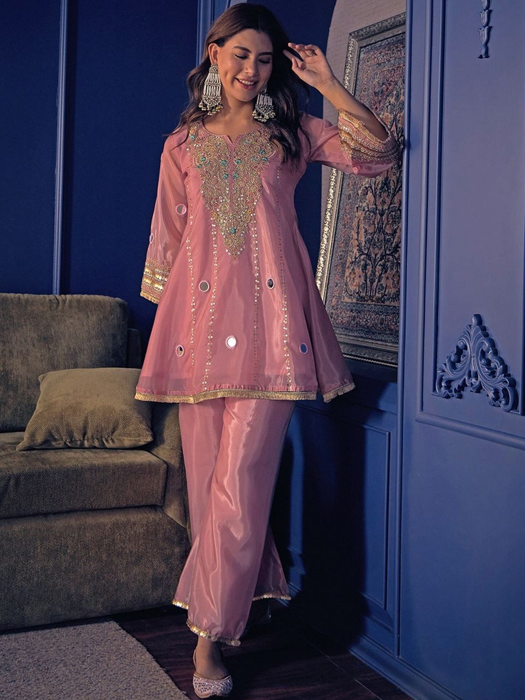 Crepe Kurta Set for Women - Peach | MLWSHKS8899PCH | DesiQlo