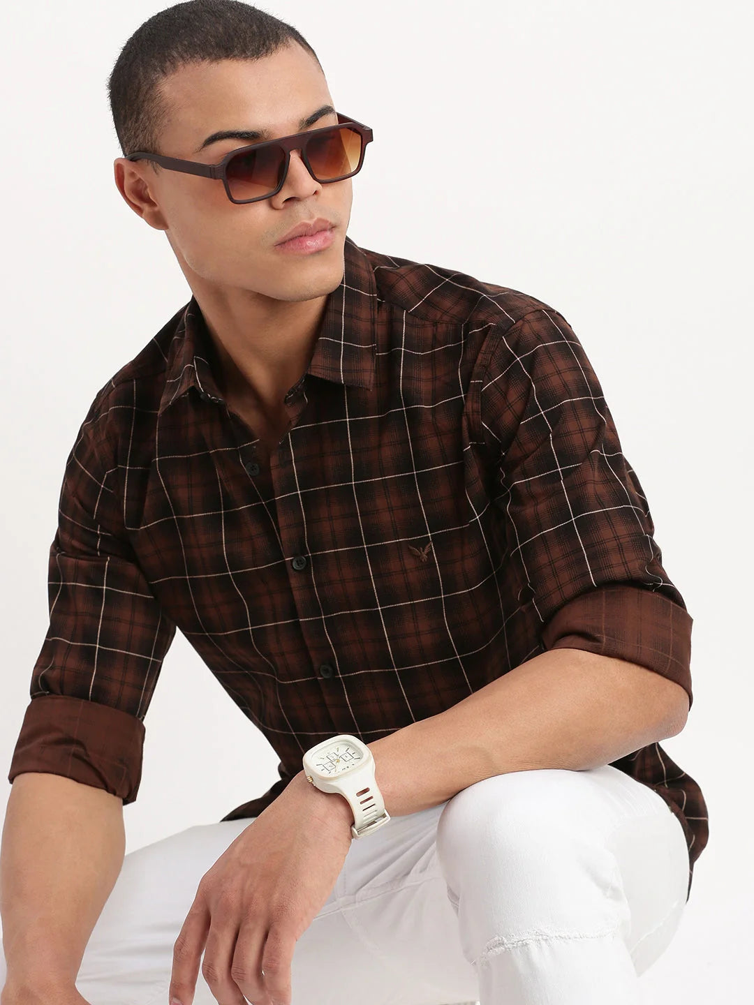 Men Tartan Checks Brown Shirt-Jessy-2545-Brown