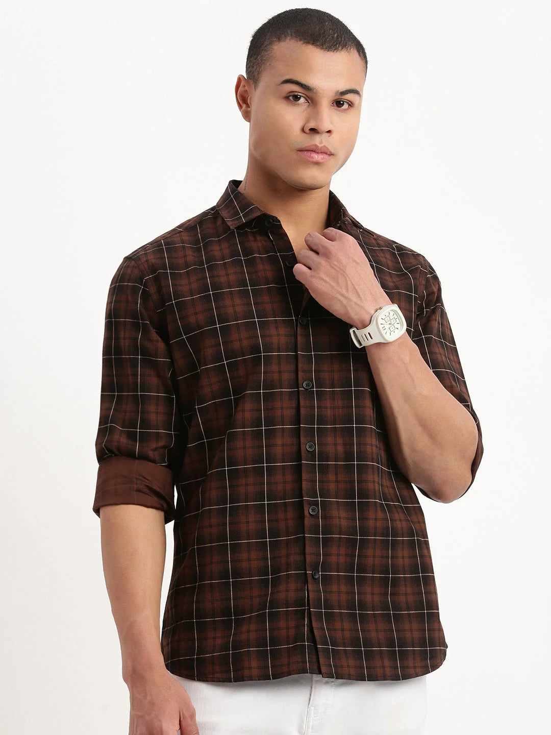 Brown Tartan Check Cotton Mens Shirt - DesiQlo Style