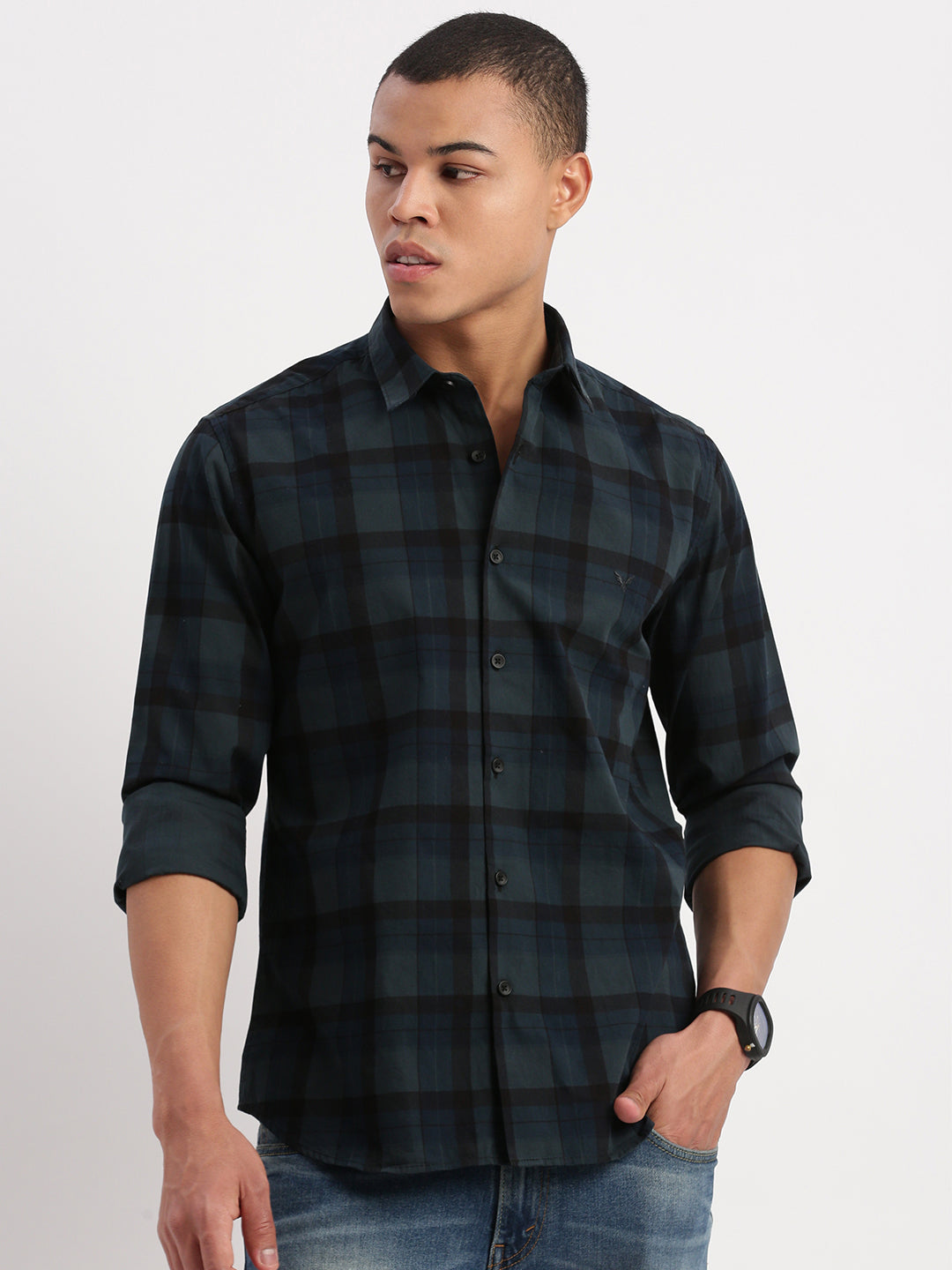 Teal Tartan Checks Cotton Mens Shirt | DesiQlo Formal Shirts