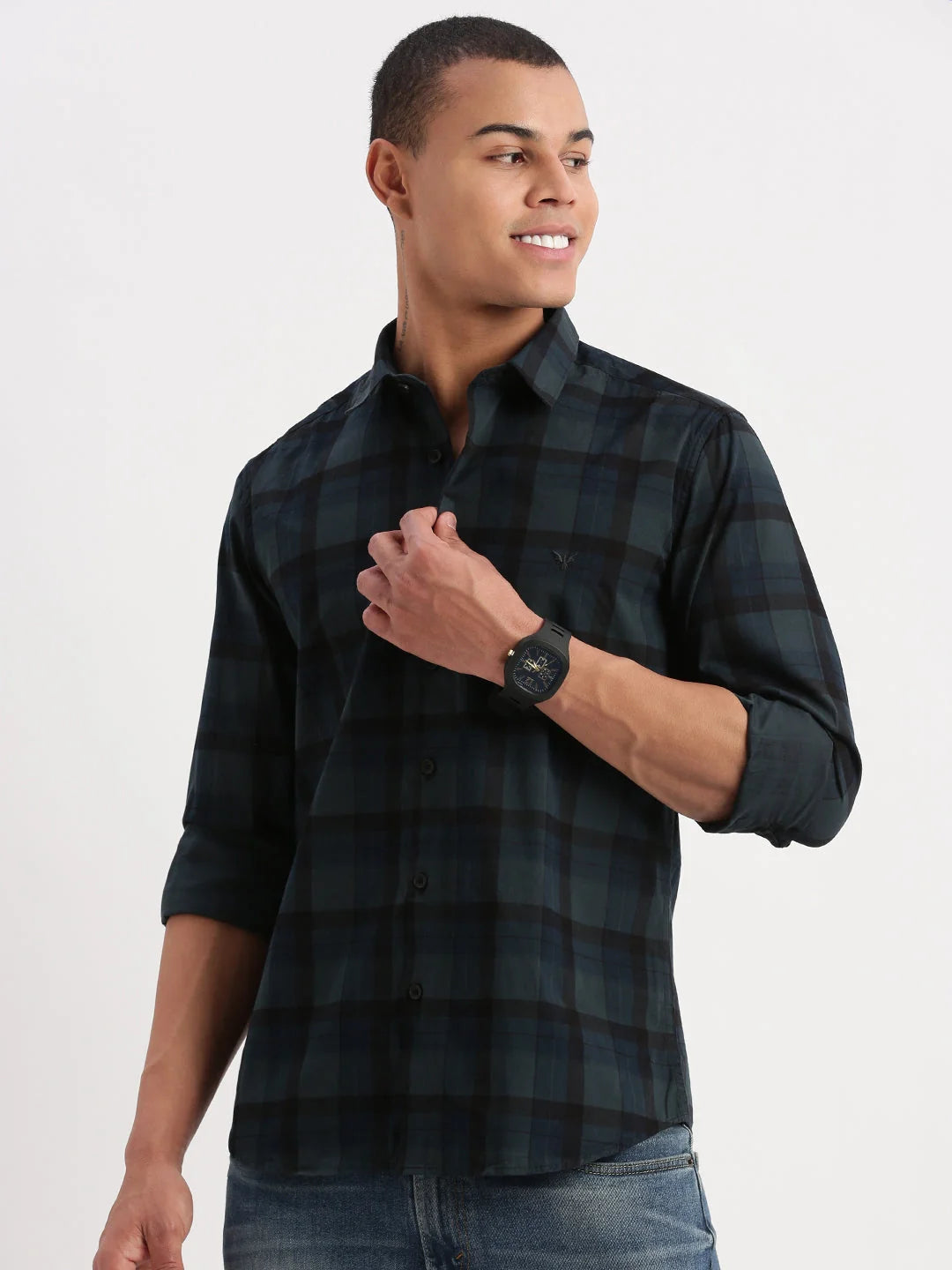 Teal Tartan Checks Cotton Mens Shirt | DesiQlo Formal Shirts