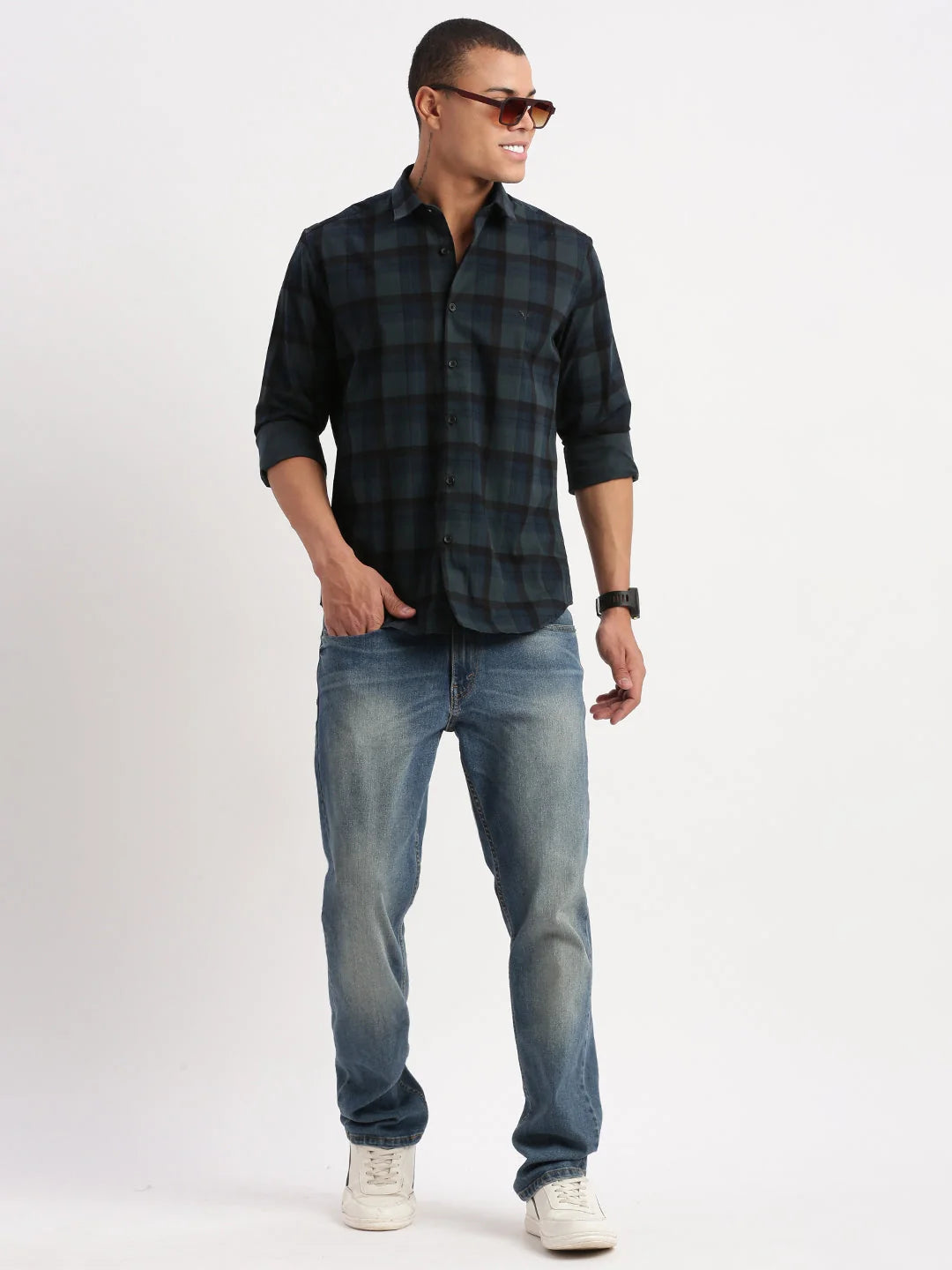 Teal Tartan Checks Cotton Mens Shirt | DesiQlo Formal Shirts