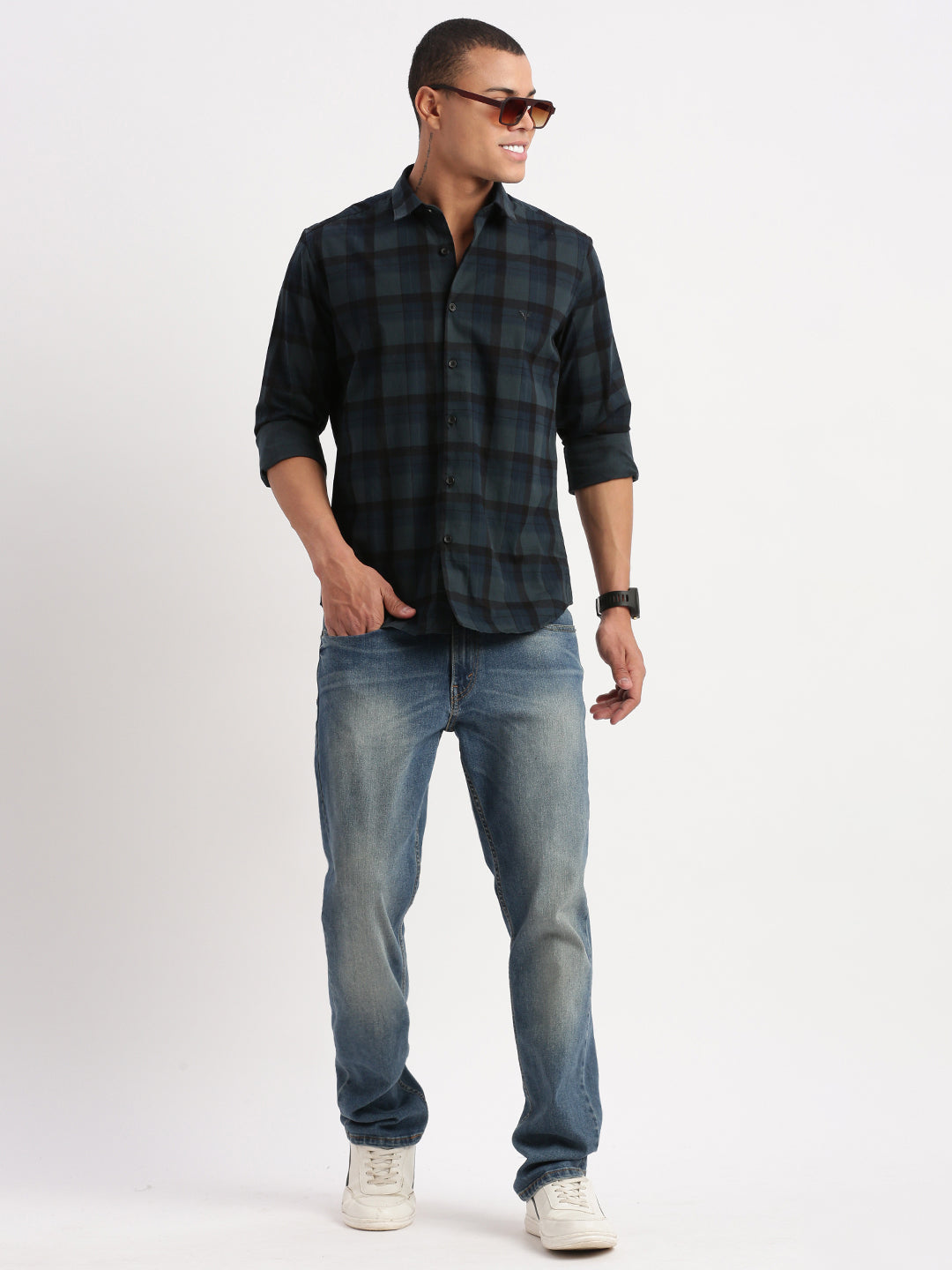 Teal Tartan Checks Cotton Mens Shirt | DesiQlo Formal Shirts