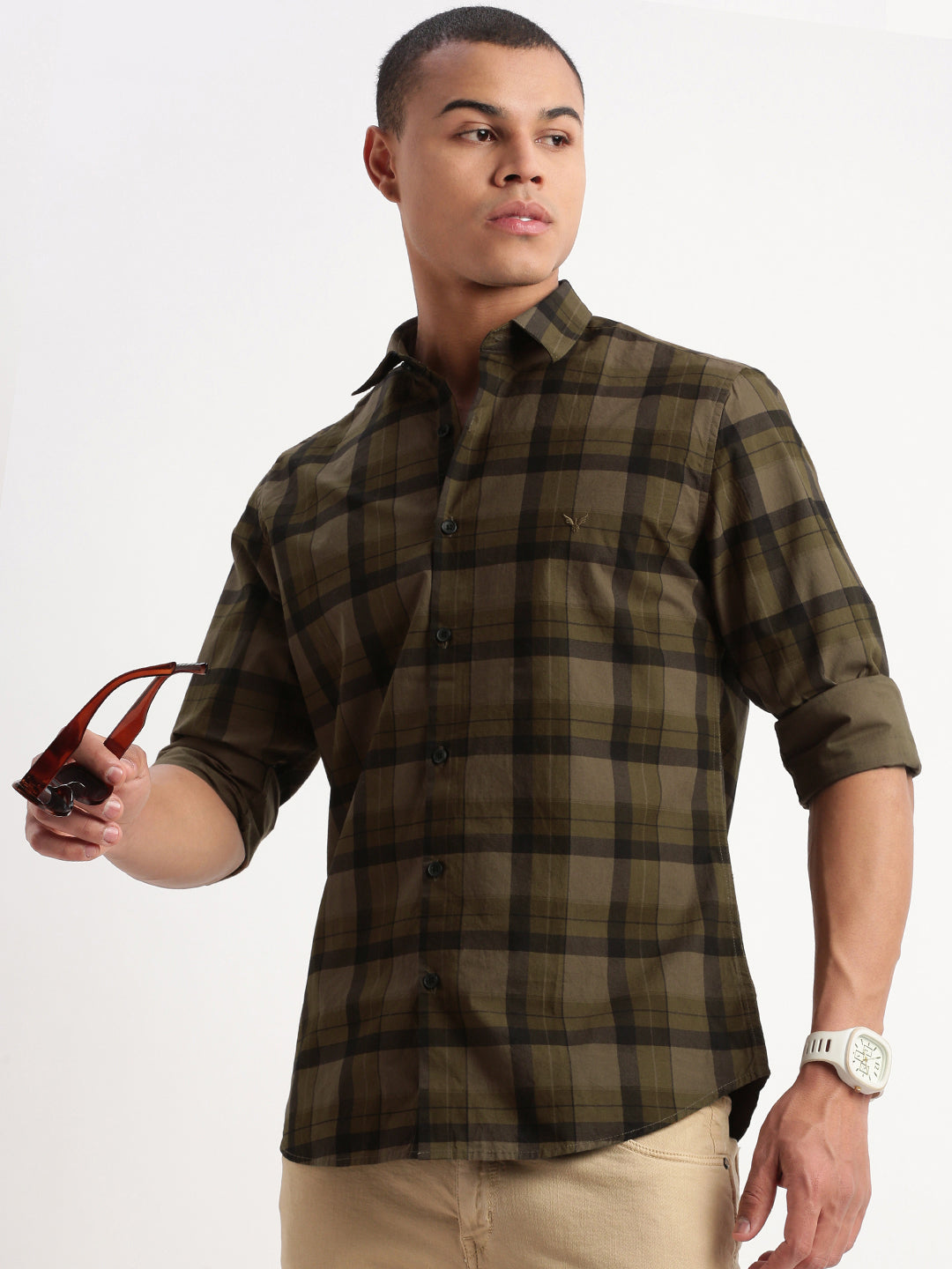 Olive Tartan Checks Cotton Mens Shirt | Stylish DesiQlo