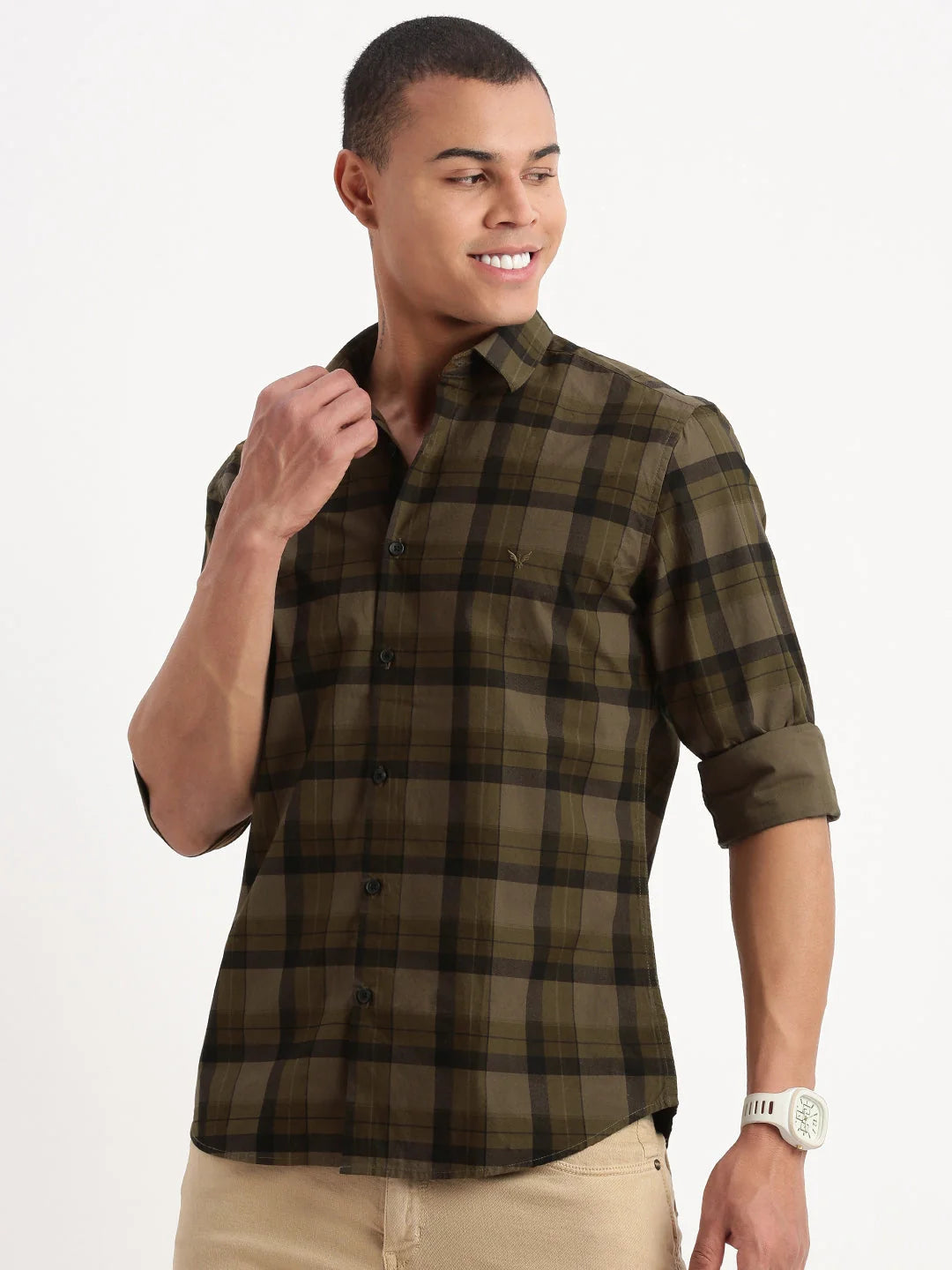 Olive Tartan Checks Cotton Mens Shirt | Stylish DesiQlo