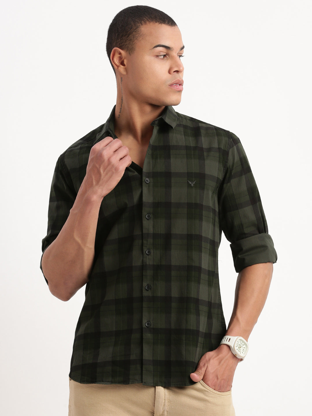 Green Tartan Check Cotton Mens Shirt - DesiQlo Fashion