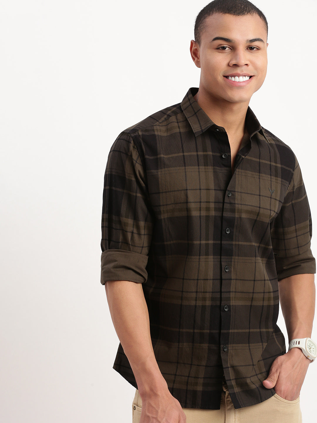 Men's Olive Tartan Checks Cotton Shirt | Casual Mens Shirt