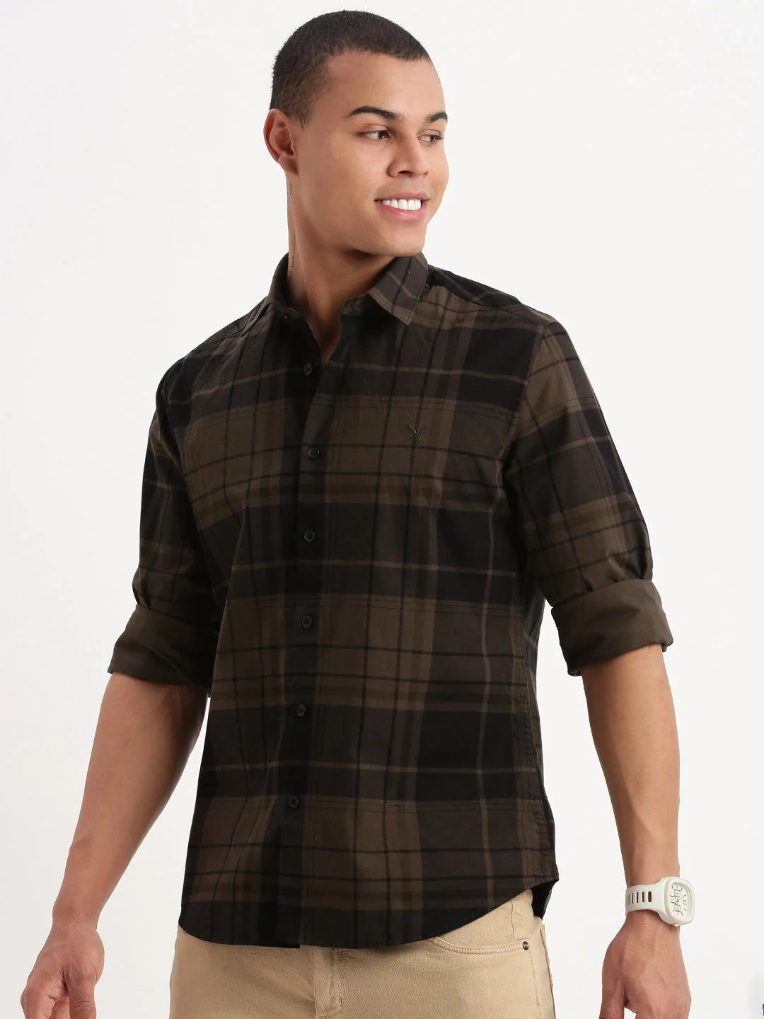 Men's Olive Tartan Checks Cotton Shirt | Casual Mens Shirt