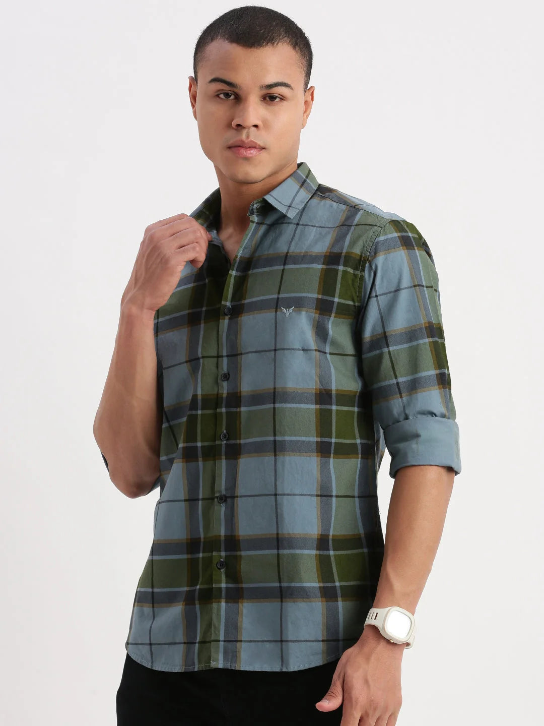 Men's Blue Tartan Checks Cotton Shirt | Casual Mens Shirt