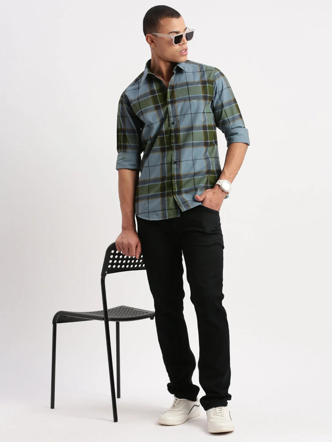 Men's Blue Tartan Checks Cotton Shirt | Casual Mens Shirt