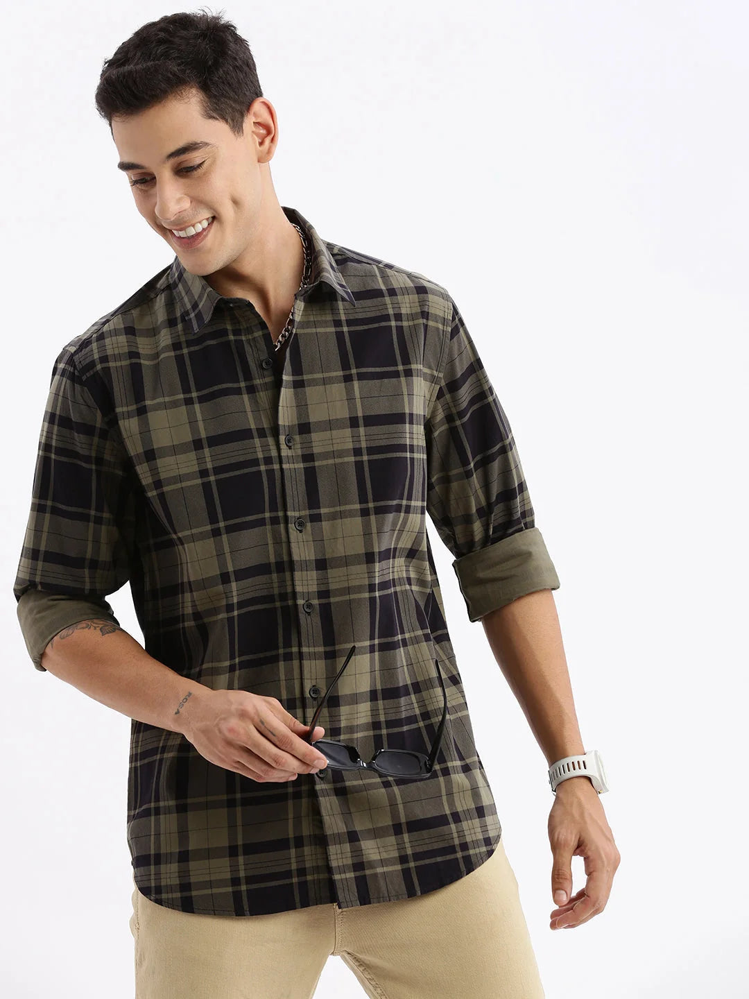 Mens Navy Blue Checked Slim Fit Cotton Shirt | DesiQlo