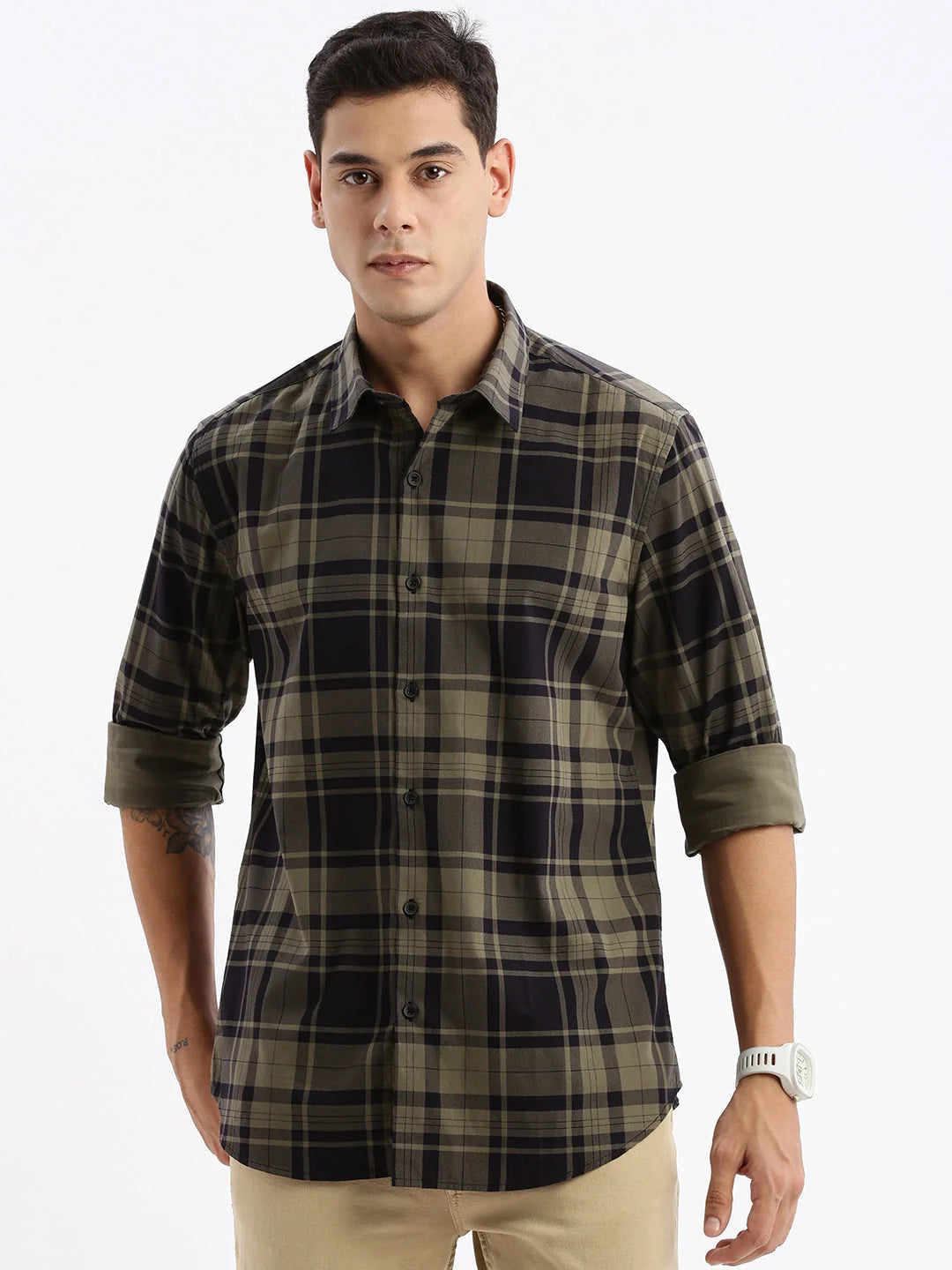 Mens Navy Blue Checked Slim Fit Cotton Shirt | DesiQlo