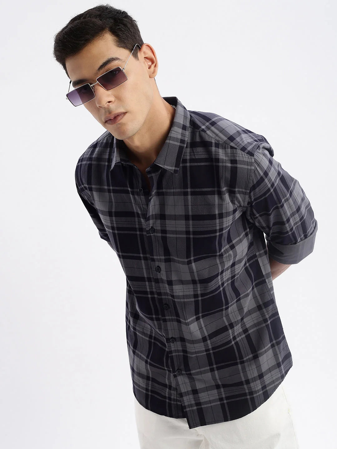 Navy Blue Checked Mens Shirt - Slim Fit Cotton | DesiQlo