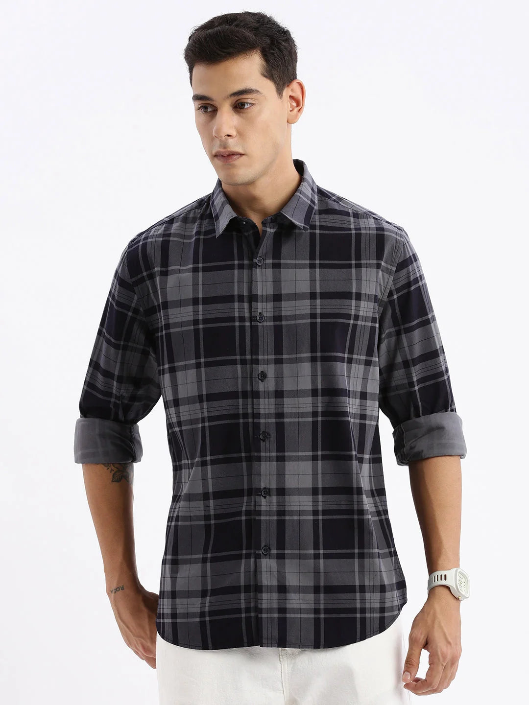 Navy Blue Checked Mens Shirt - Slim Fit Cotton | DesiQlo