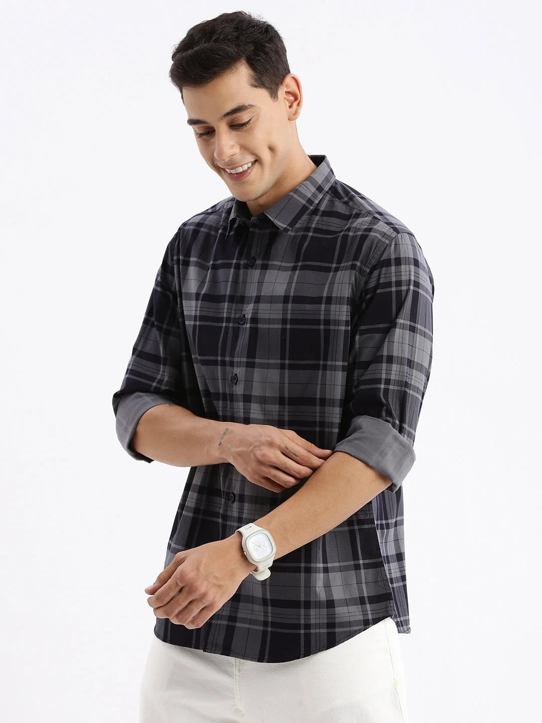 Navy Blue Checked Mens Shirt - Slim Fit Cotton | DesiQlo