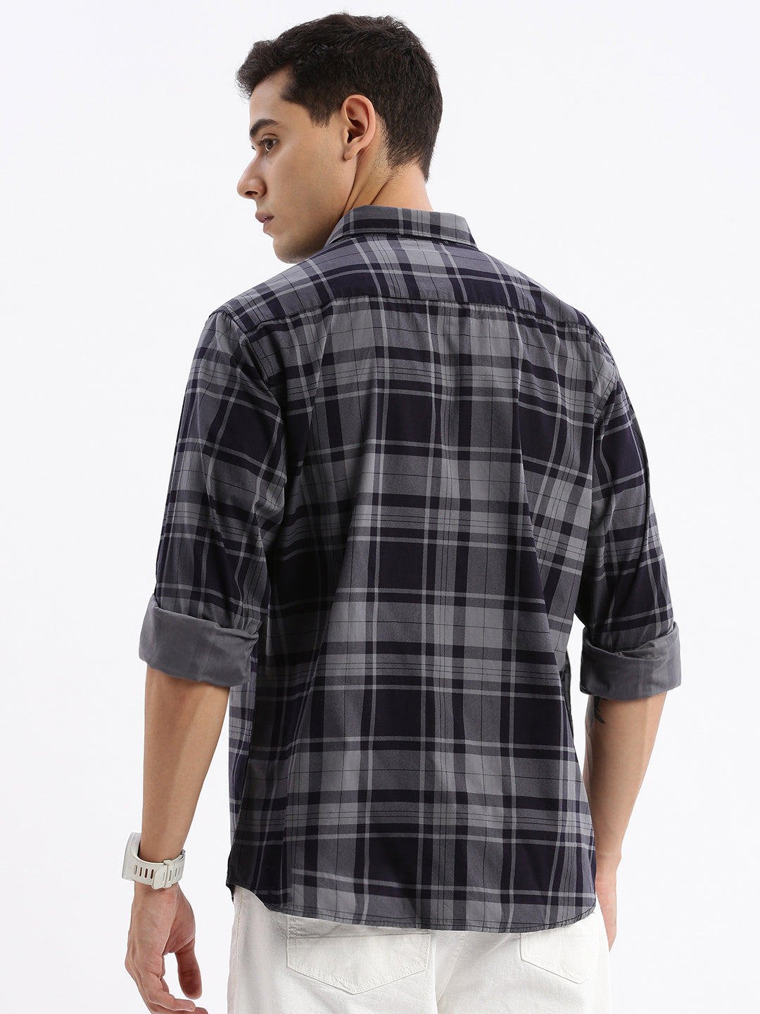 Navy Blue Checked Mens Shirt - Slim Fit Cotton | DesiQlo