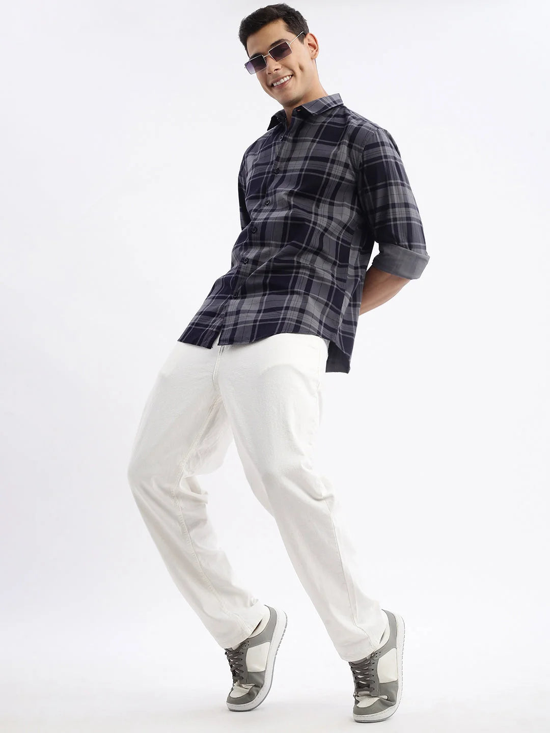 Navy Blue Checked Mens Shirt - Slim Fit Cotton | DesiQlo