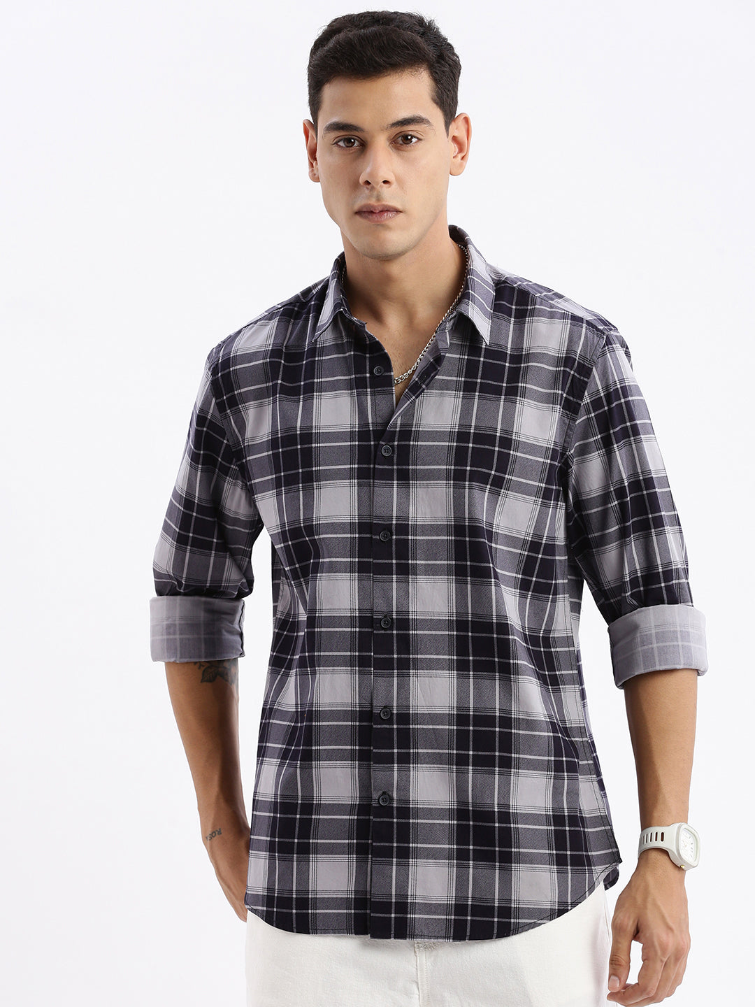 DesiQlo: Mens Checked Slim Fit Cotton Shirt - Navy Blue