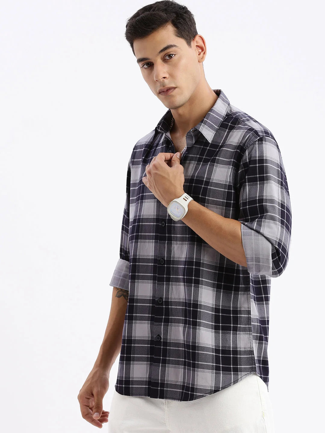 DesiQlo: Mens Checked Slim Fit Cotton Shirt - Navy Blue