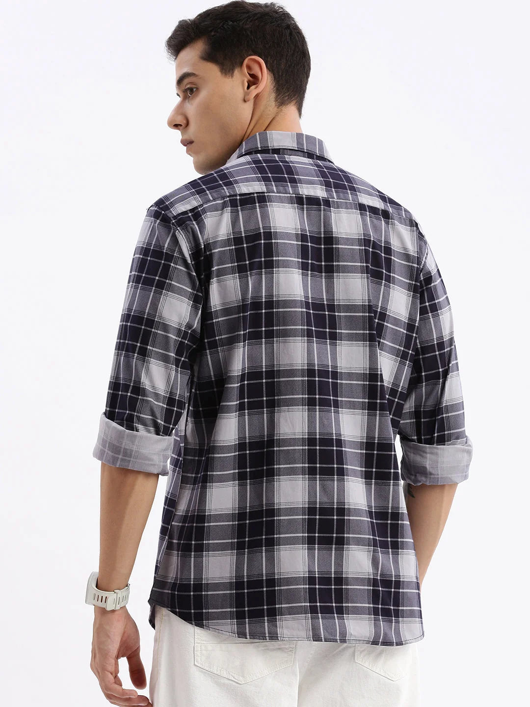 DesiQlo: Mens Checked Slim Fit Cotton Shirt - Navy Blue