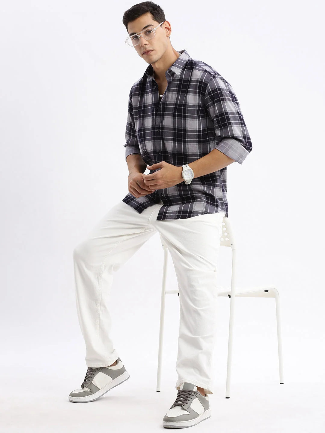 DesiQlo: Mens Checked Slim Fit Cotton Shirt - Navy Blue