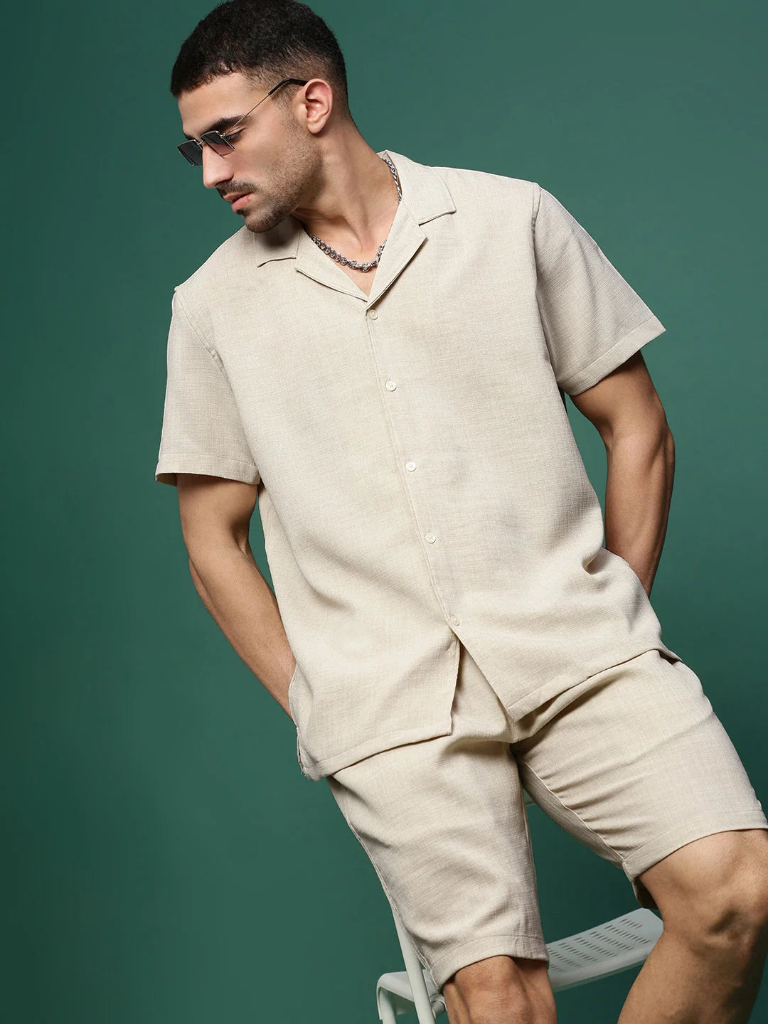 Men Beige Cuban Collar Solid Co Ords Set-Jethro-3274-Beige