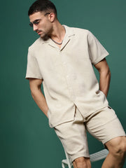 Men Beige Cuban Collar Solid Co Ords Set-Jethro-3274-Beige