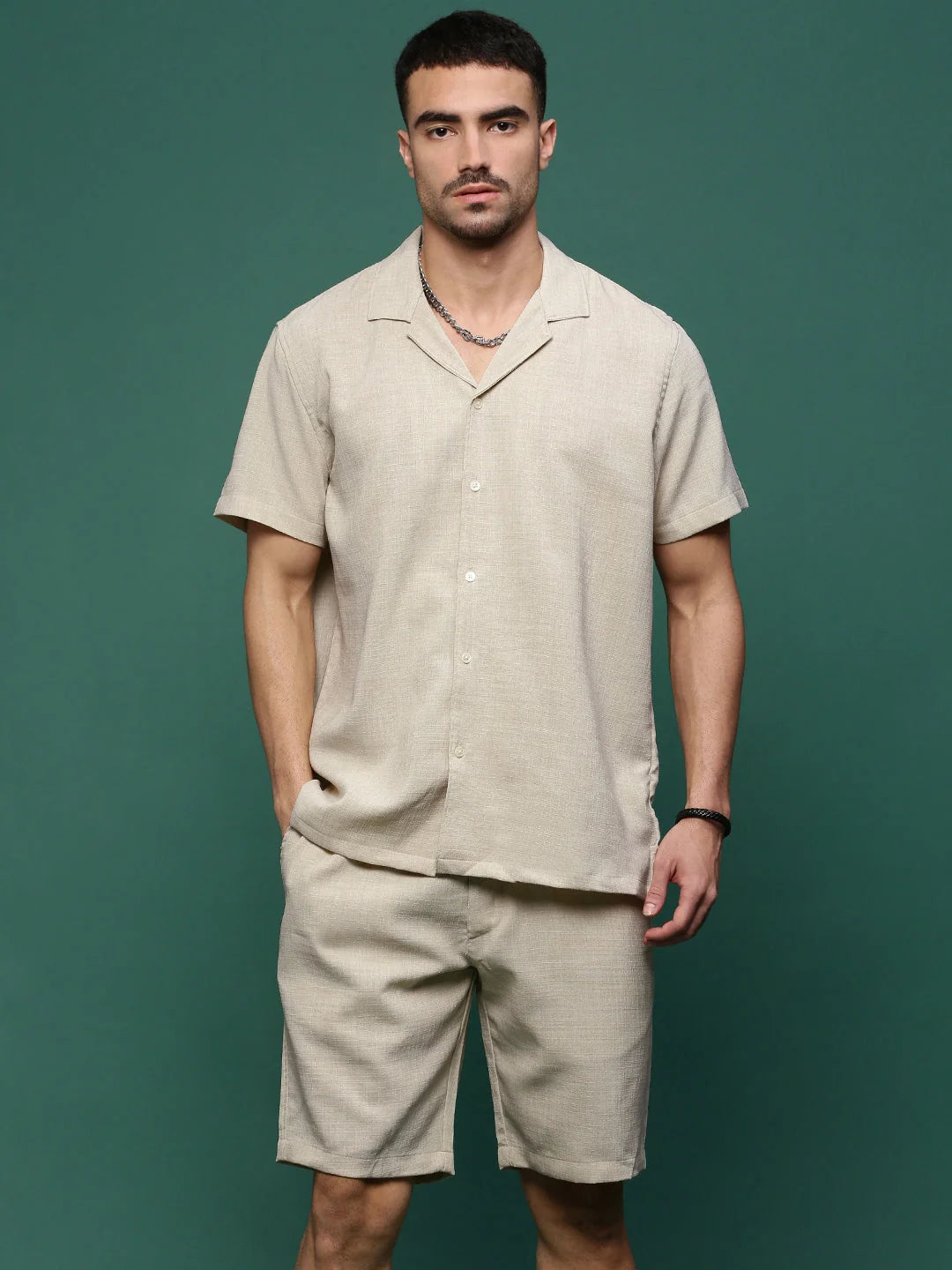 Beige Mens Co Ords Set | Cuban Collar | Two Piece Sets