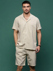 Men Beige Cuban Collar Solid Co Ords Set-Jethro-3274-Beige