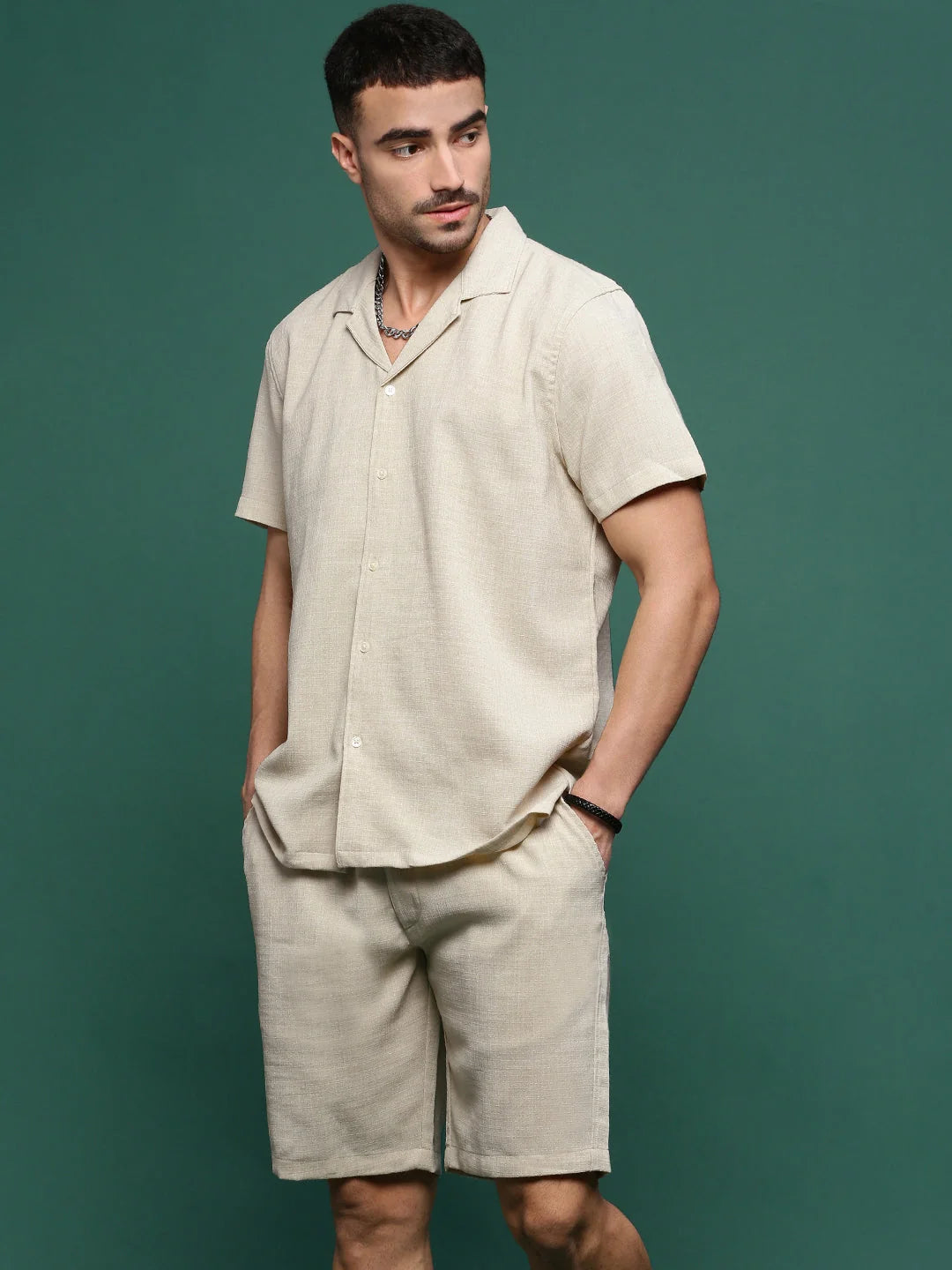 Beige Mens Co Ords Set | Cuban Collar | Two Piece Sets