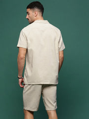 Men Beige Cuban Collar Solid Co Ords Set-Jethro-3274-Beige