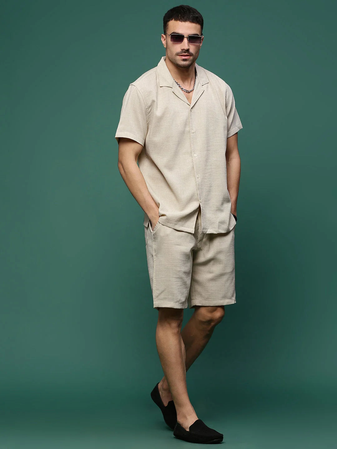 Beige Mens Co Ords Set | Cuban Collar | Two Piece Sets