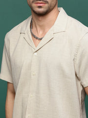 Men Beige Cuban Collar Solid Co Ords Set-Jethro-3274-Beige