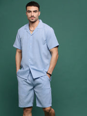 Men Blue Cuban Collar Solid Co Ords Set-Jethro-3275-Blue