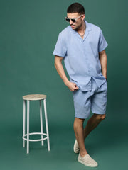 Men Blue Cuban Collar Solid Co Ords Set-Jethro-3275-Blue