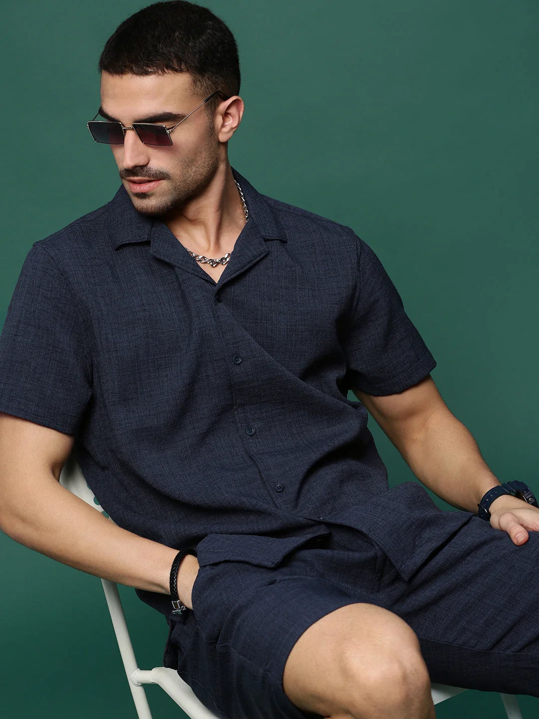 Men's Navy Blue Solid Co Ord Set | Cuban Collar Two Piece