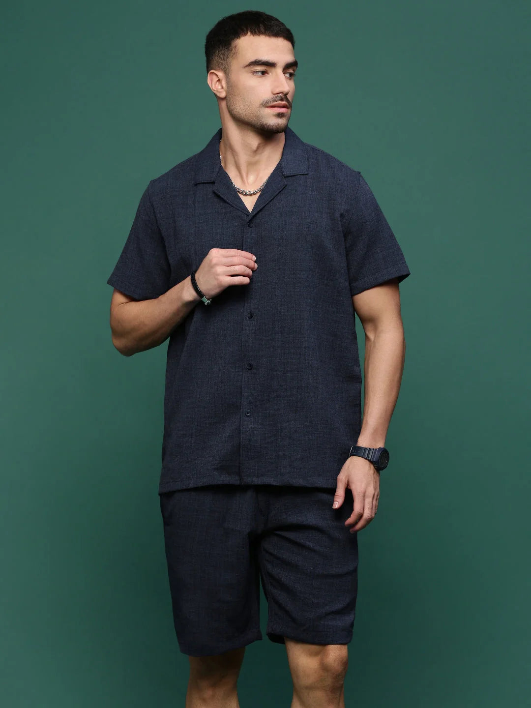 Men's Navy Blue Solid Co Ord Set | Cuban Collar Two Piece