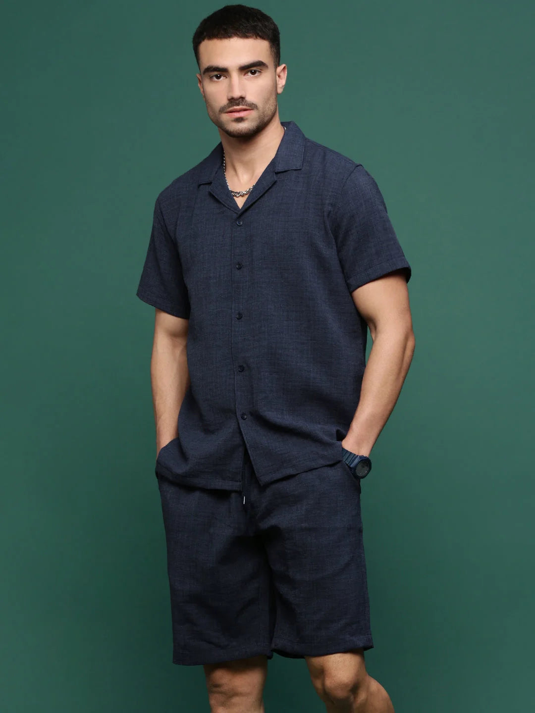 Men's Navy Blue Solid Co Ord Set | Cuban Collar Two Piece